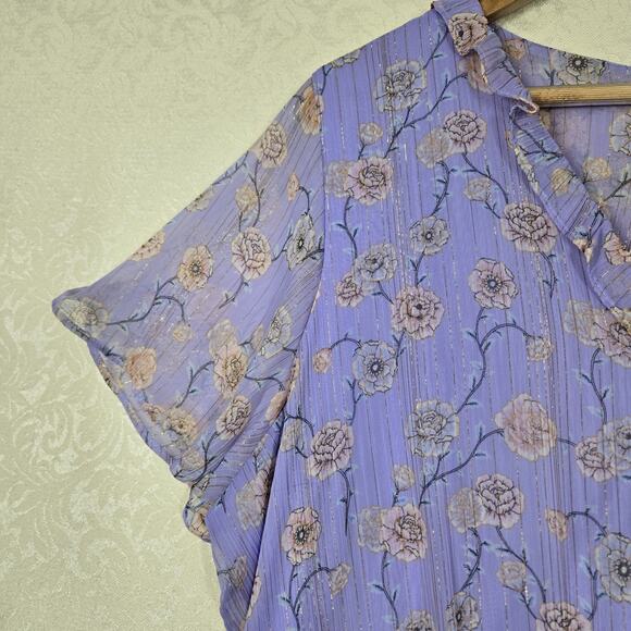 LC Lauren Conrad Flutter Sleeve Faux Wrap Bodice Dress 1X Purple Green Floral - Picture 6 of 16